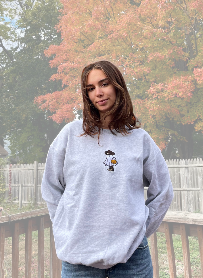 Howdy, Partner! Spooky Cowboy Ghost Embroidered Crewneck (L)