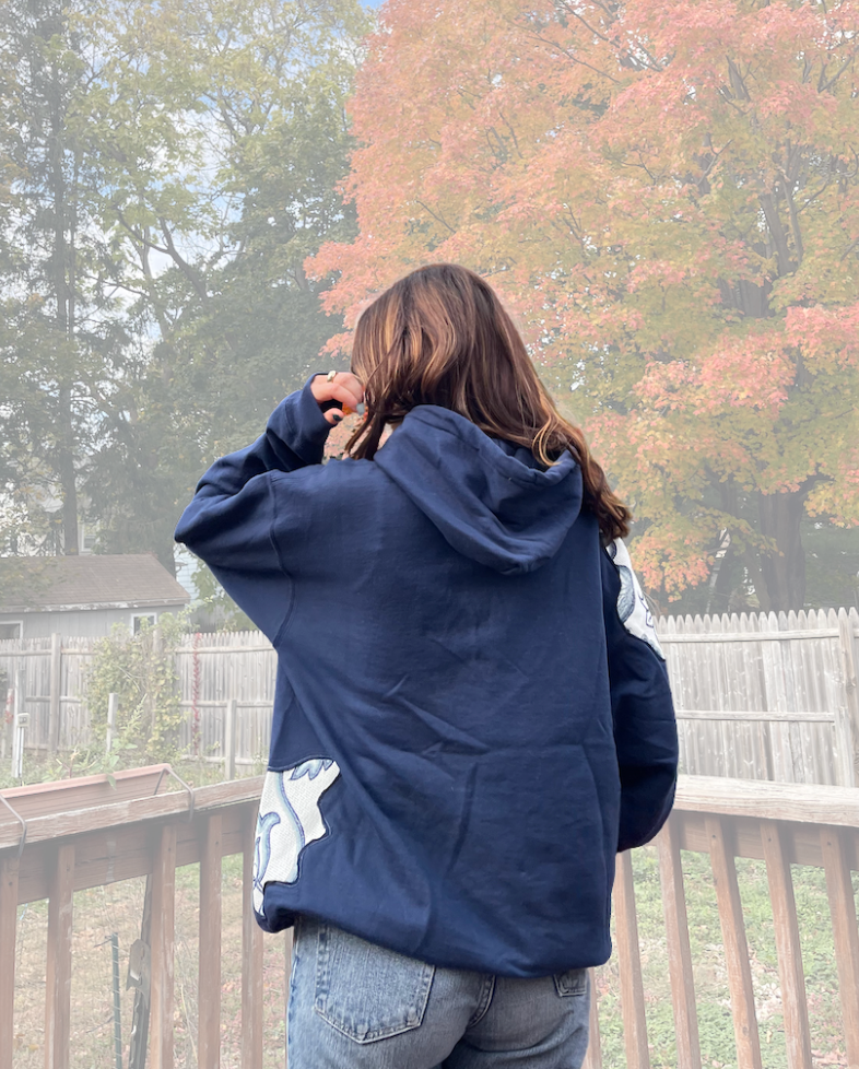 Upcycled Hoodie with Blue Floral Appliqué (L)