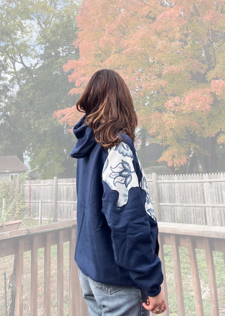 Upcycled Hoodie with Blue Floral Appliqué (L)