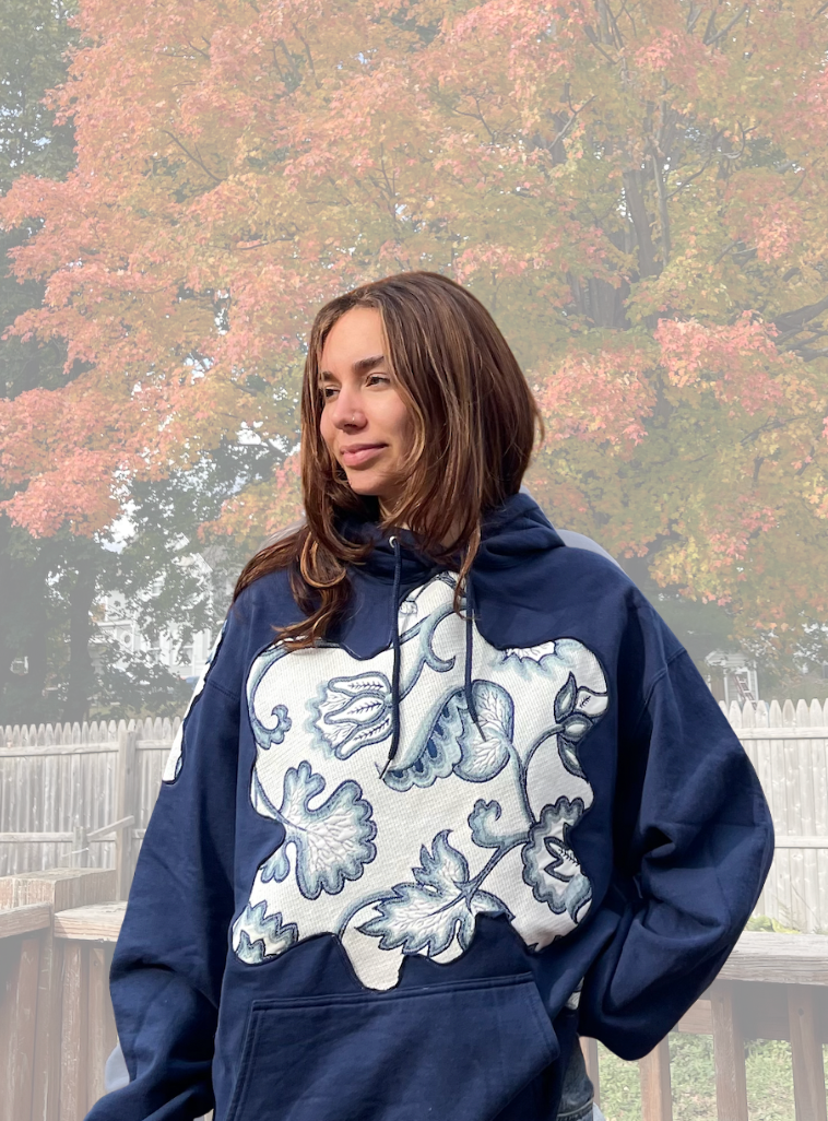 Upcycled Hoodie with Blue Floral Appliqué (L)
