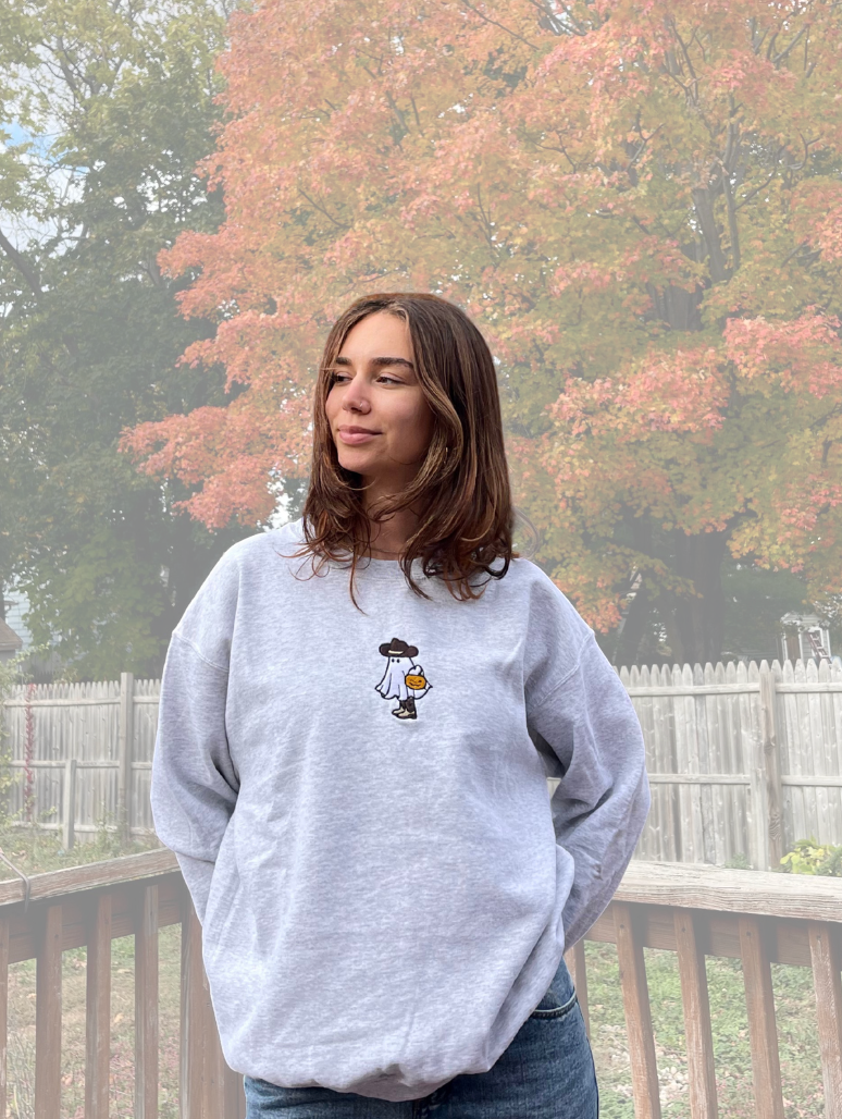 Howdy, Partner! Spooky Cowboy Ghost Embroidered Crewneck (L)