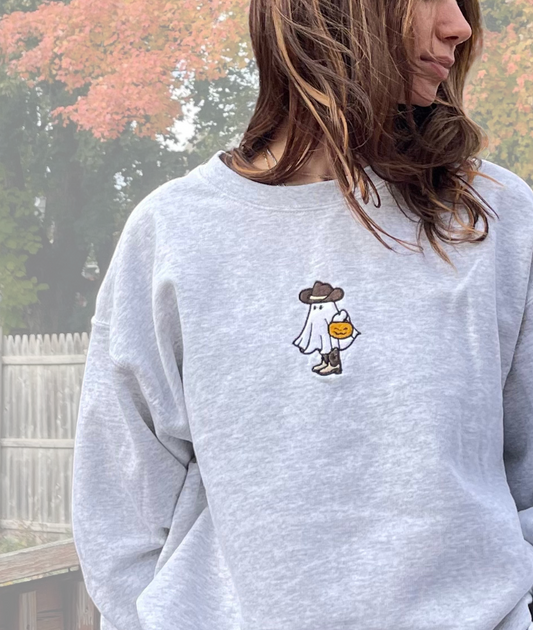 Howdy, Partner! Spooky Cowboy Ghost Embroidered Crewneck (L)